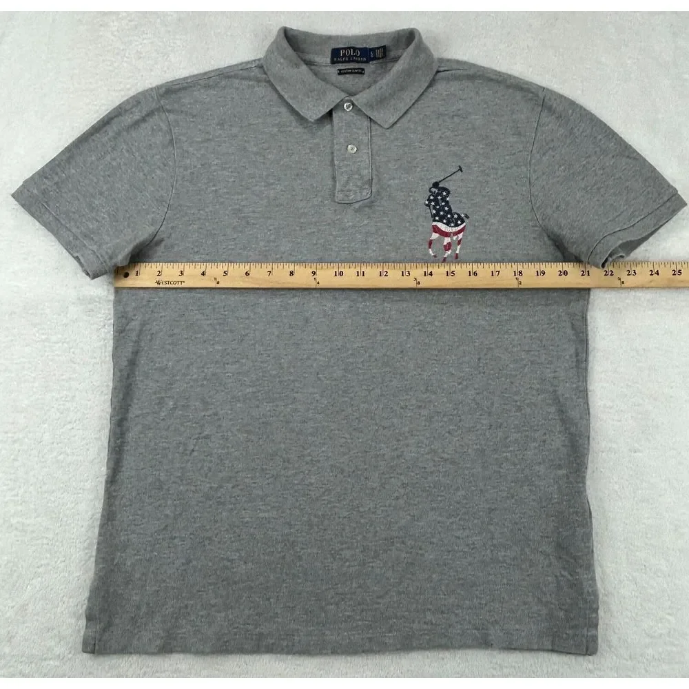 Polo Ralph Lauren Custom Slim‎ Fit Men L Gray Embordered Big Pony Red White Blue - Picture 5 of 9